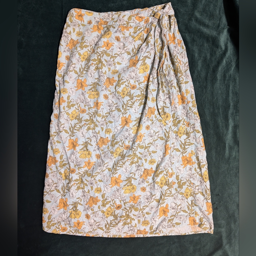Linen Floral Wrap Skirt with Orange and Yellow Flowers